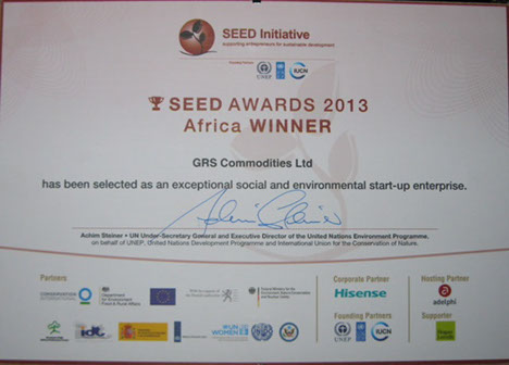 SEED Awards 2013 Africa Winner certificate for GRS Commodities Ltd